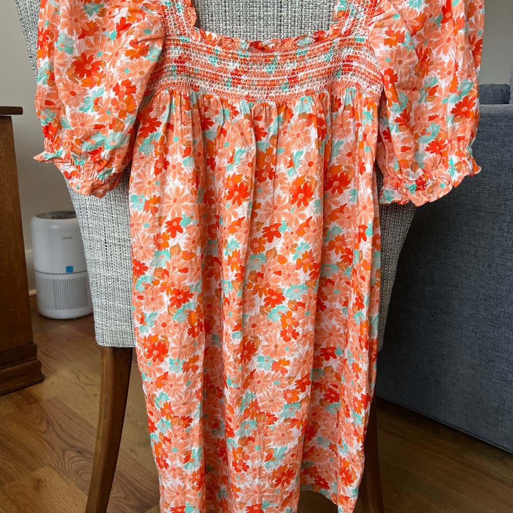 Something Navy Orange Puff Sleeve Smocked Dress